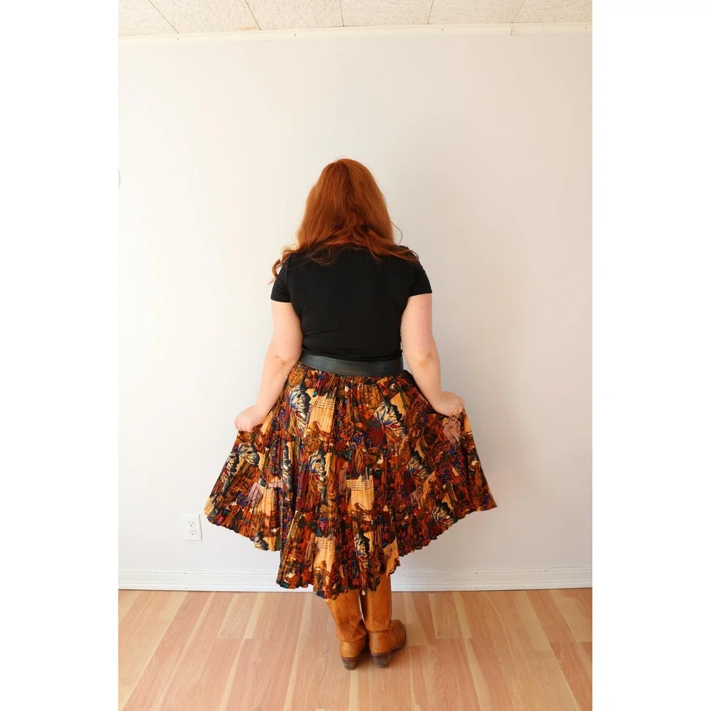Vintage Western Novelty Print Broomstick Skirt Brown Multi Tiered Pleated Midi - Picture 6 of 9